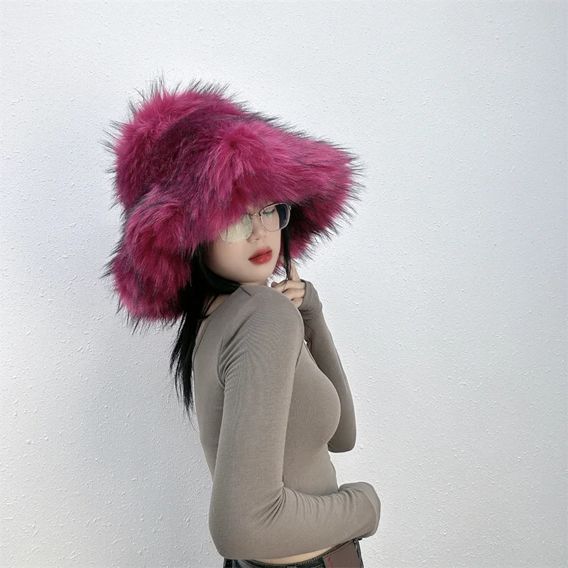 Winter Women Faux Fur Bucket Hat Warm Raccoon Fur Hat Oversize Outdoor Punk Hat Girl Fashion Long Fur Bucket Hat Furry Cute Cap