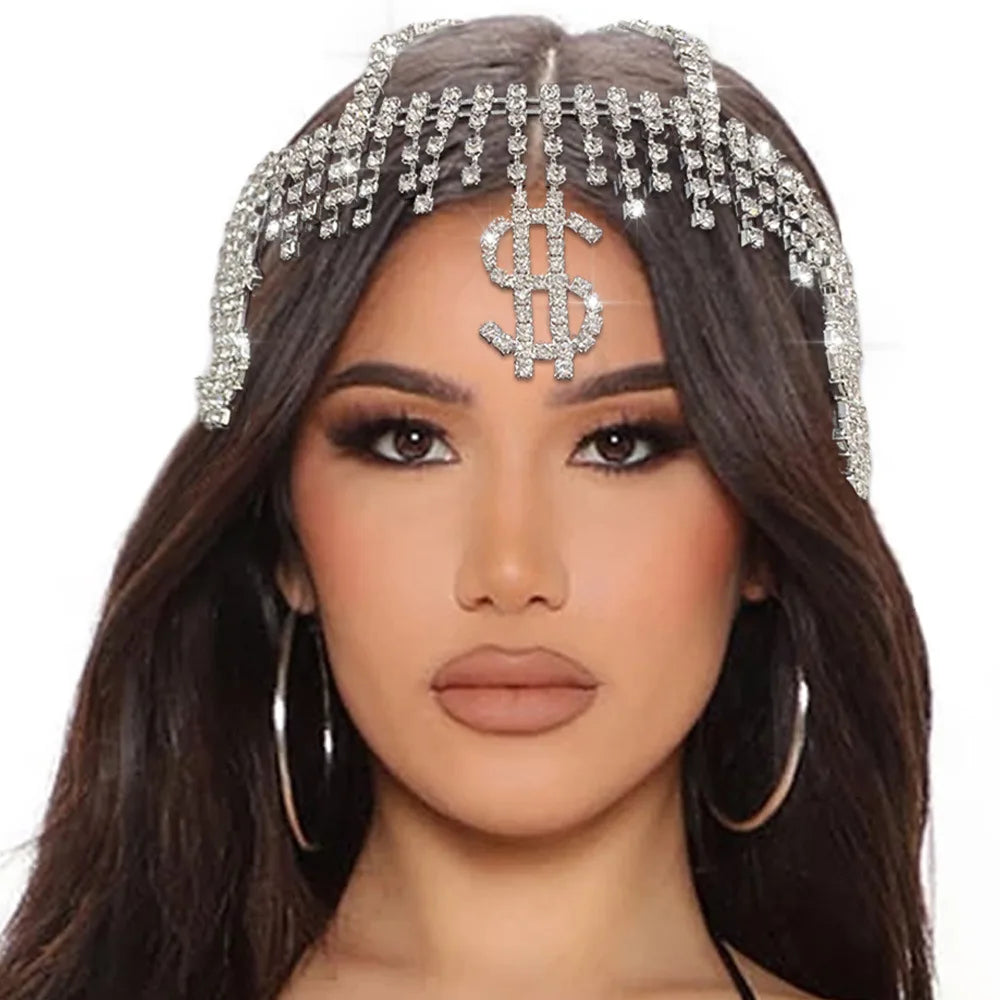 KIMLUD, Rhinestone Big Dollar Sign Pendant Tassel Headband Head Cap Hat Hair Jewelry for Women Crystal Headpiece Head Chain Accessories, KIMLUD Womens Clothes