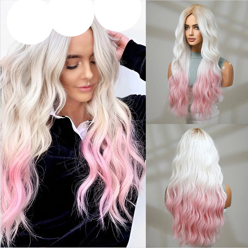 KIMLUD, oneNonly Pink White Long Wig Blonde Rainbow Wavy Wigs Halloween Cosplay Party Wigs for Women Makeup Tools Synthetic Hair, KIMLUD Womens Clothes