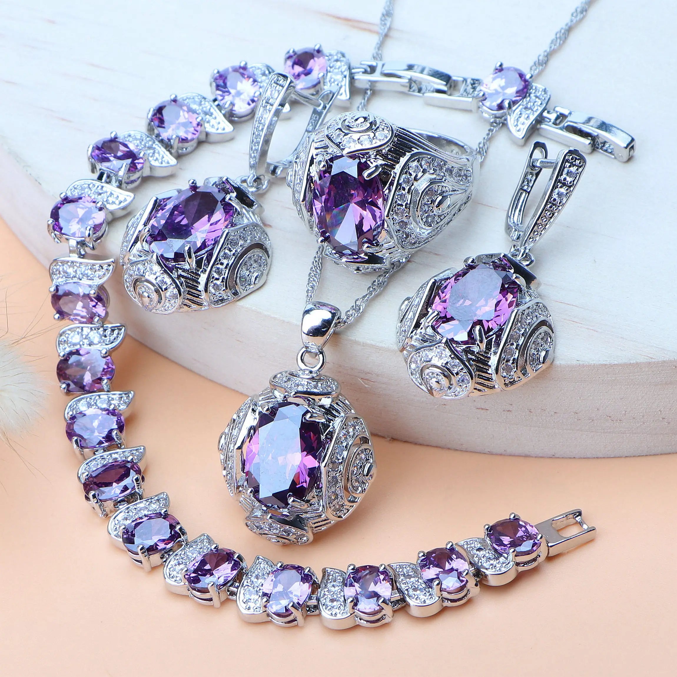 KIMLUD, Rainbow Natural Zircon Jewelry Sets 925 Sterling Silver Women Wedding Jewelry Earrings Bracelets Rings Pendant Necklace Set, 4PCS-Purple / 10, KIMLUD APPAREL - Womens Clothes