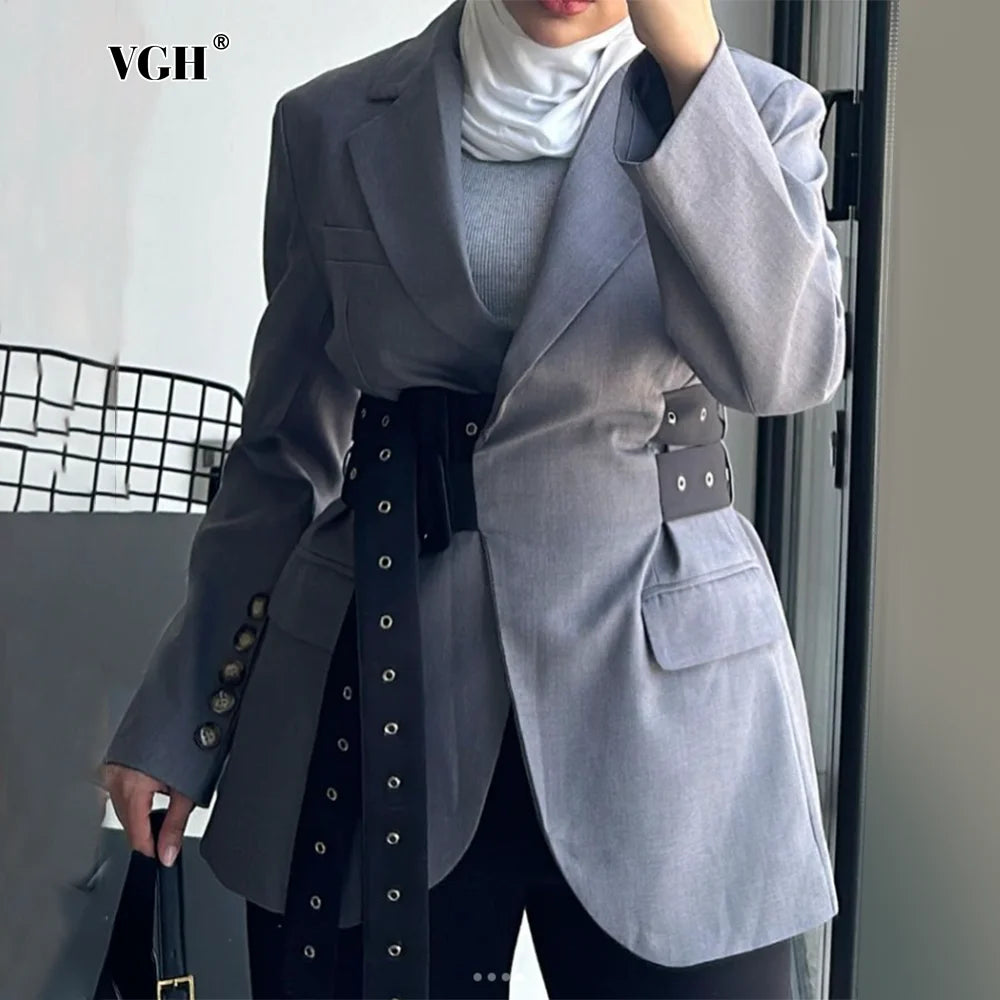 KIMLUD, VGH Patchwork Belt Elegant Blazers For Women Notched Collar Long Sleeve Spliced Button Slimming Solid Blazer Female Style New, KIMLUD Womens Clothes