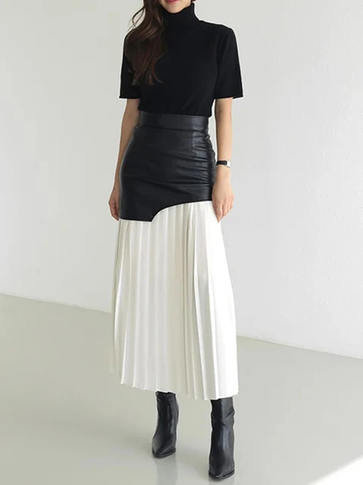 VGH Patchwork Leather Elegant Slimming Skirts For Women High Waist Bodycon Colorblock Temperament Skirt Female Fashion Clothing