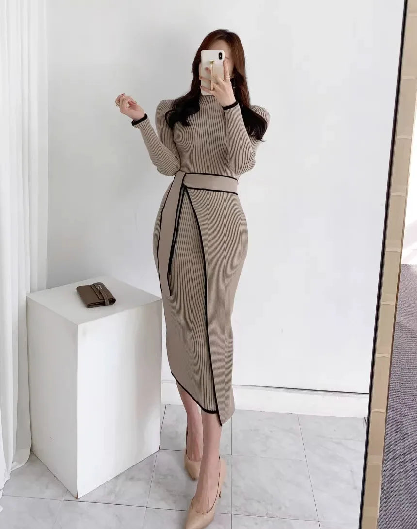 YuooMuoo Elegant Lace Up Turtleneck Knitted Long Dress Korean Fashion Khaki Black Rib Bandage Bodycon Sweater Dress Robe Femme