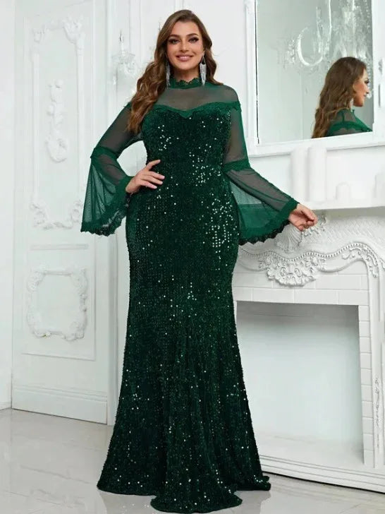 KIMLUD, Party Dresses Plus Size Women Sequins Lace Splicing Black Elegant Evening Dresses Long Sleeve Large Fashion Lady Banquet Dress, KIMLUD Womens Clothes