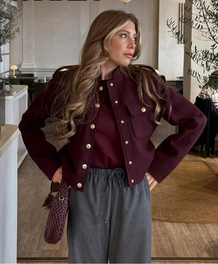 TRAFZA Women Vintage Wine Red Coat O Neck Long Sleeve Single Breasted Jacket With Pockets Autumn Casual Office Lady Outerwear - KIMLUD