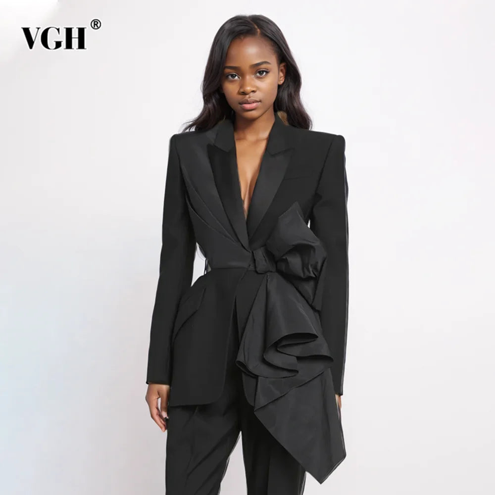 VGH Solid Hollow Out Temperament Blazer For Women Notched Collar Long Sleeve Patchwork Bowknot Elegant Slimming Blazers Female