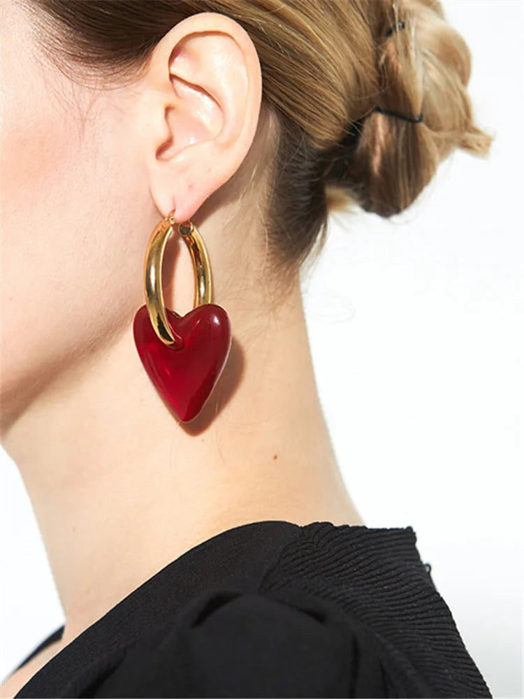 Vintage Red Heart Drop Earrings For Women Personality Big Hoop Earrings Women's Accessories Jewelry