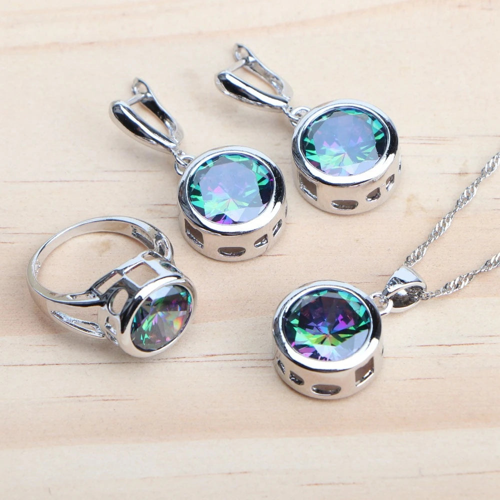 925 Sterling Silver Jewelry Sets Bridal Women Natural Magic Rainbow Zircon Earrings Ring Bracelets Pendant Wedding Necklace Set - KIMLUD