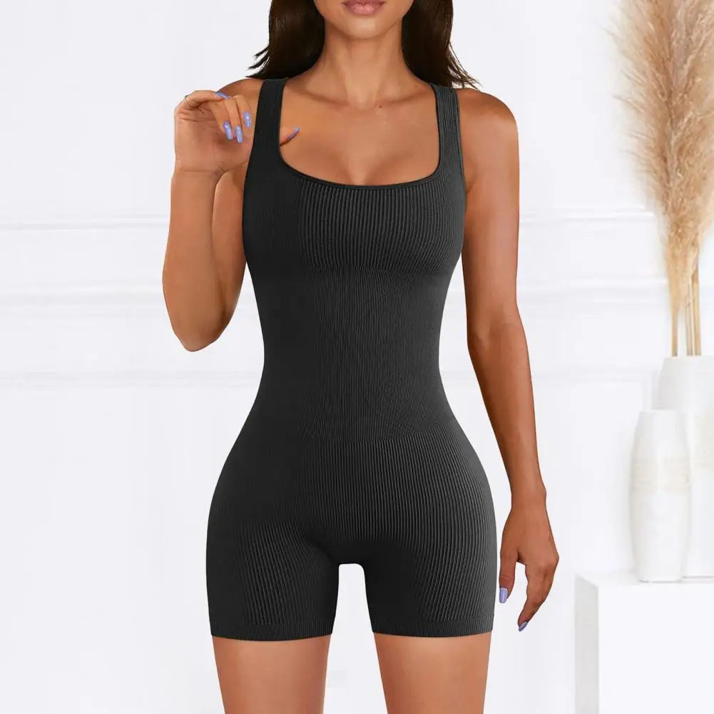 Women Sexy Yoga Ribbed Jumpsuit Short Sleeve Square Neck Slim Fit  Bodysuit Yoga Sport Playsuit Breathable Playsuit 2024