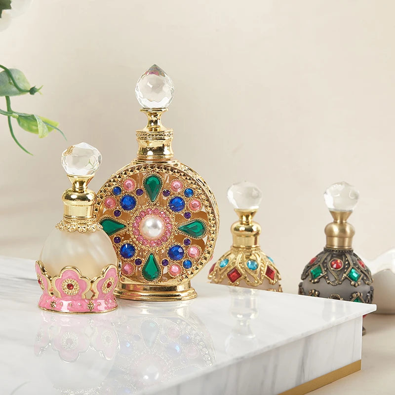 Enamel Painted Perfume Bottle 12/15ml Empty Vintage European Court Style Flower Pattern Hollow-out Refillable Crystal Cap Gift