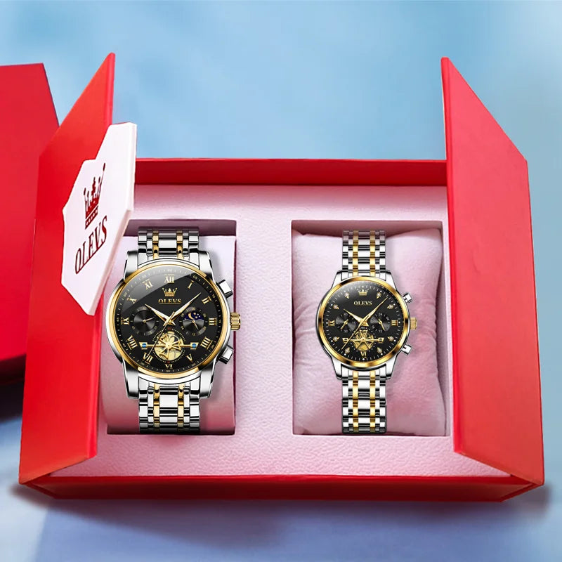OLEVS Luxury Brand Couple Watches Waterproof Luminous Stainless Steel Quartz Watch His and Hers Moon Phase Fashion Lovers Set