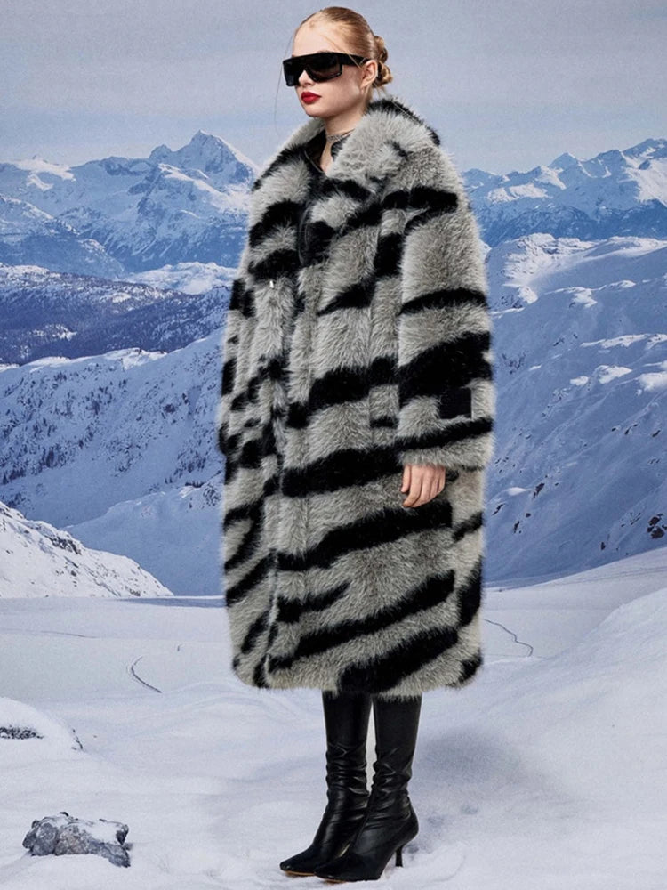 2024 Winter Vintage Thick Warm Long Faux Fur Coat Women Zebra-stripe Printed Fluffy Jacket Fur Coat Large Size Luxury Overcoat