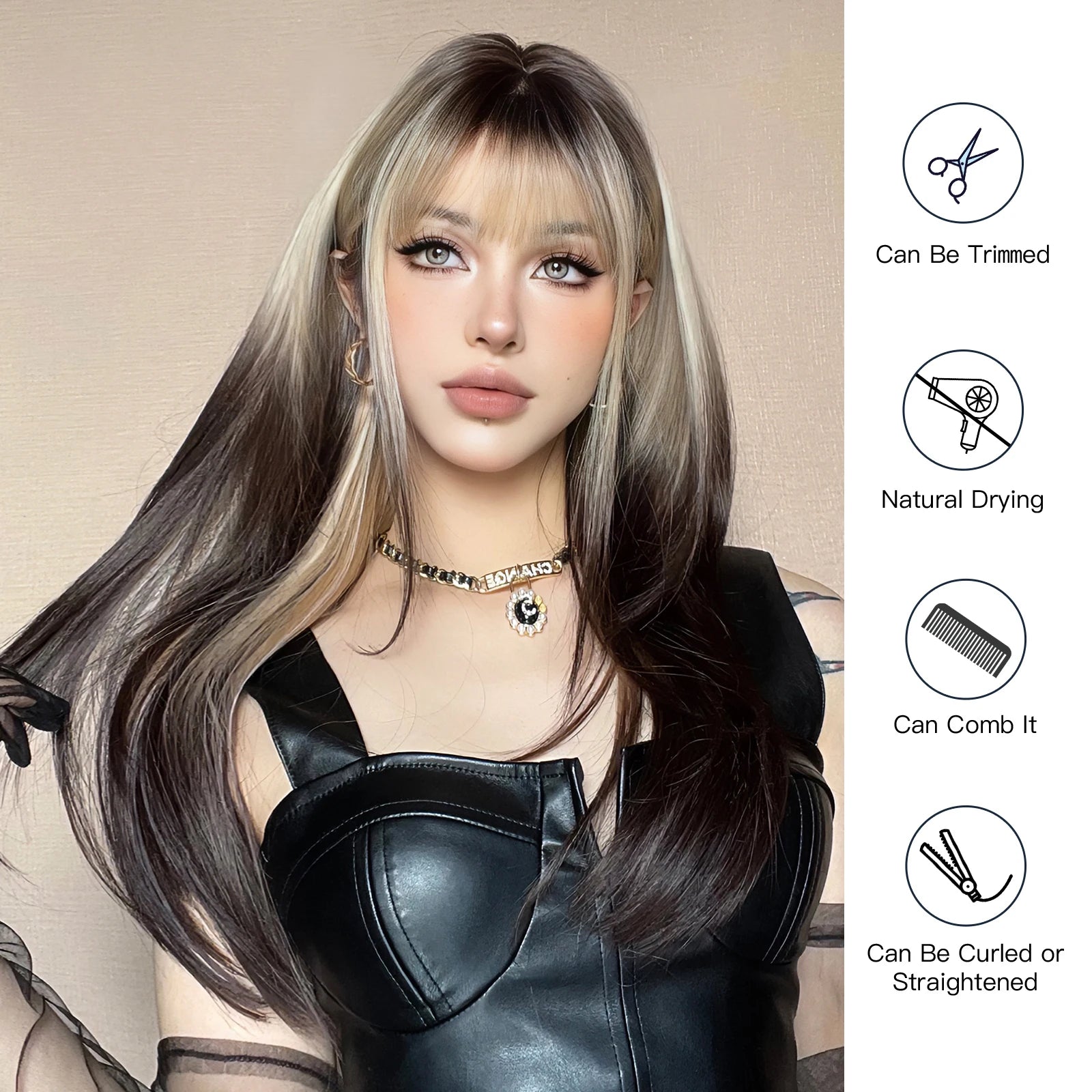 KIMLUD, Ombre Synthetic Straight Cosplay Women Hair Platinum Blonde to Black Hair Long Layered Natural Wigs with Bangs for White Women, KIMLUD Womens Clothes