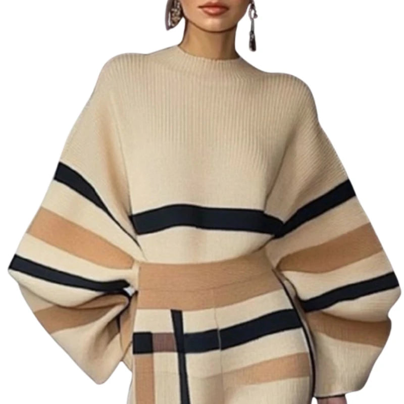 Beautyblue 2 Piece Sets Women Outfit Pant Sets 2025 New Round-Neck Pullovers Khaki Sweater Striped Wide Leg Pants Tops&Bottoms