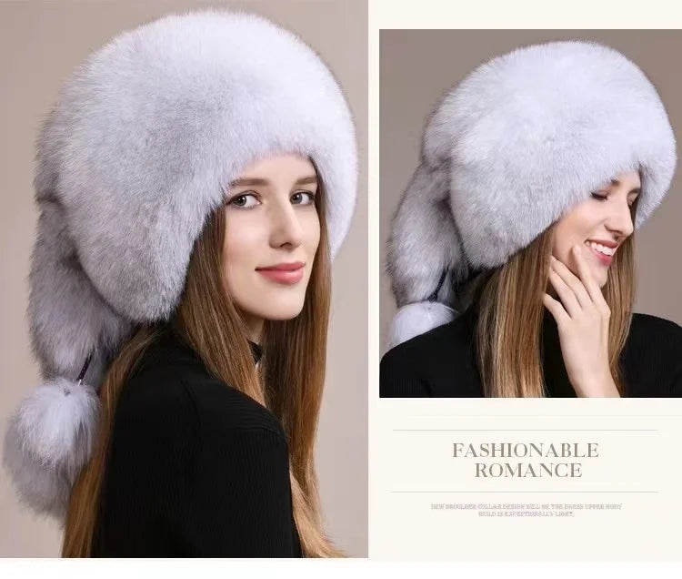 Real Fox Fur Hat For Women Winter Thickened Warm Natural Fur Princess Hat Adjustable Russians Cap Real Raccoon Fur Bomber Caps