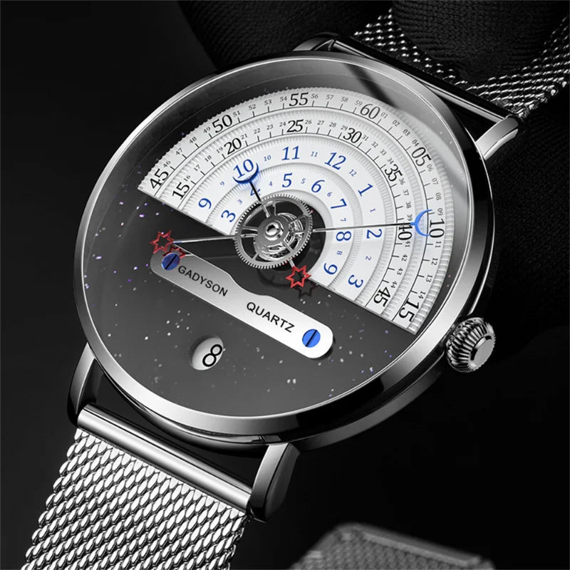 Unusual Creativity Fashion Casual Sport Watches Men Silver Mesh Band Auto Date Quartz Wristwatches Men Relogio Masculino 2023