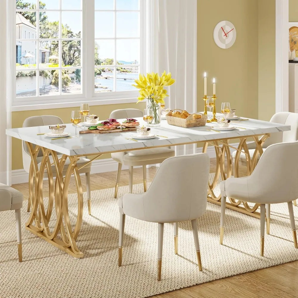 63-inch kitchen table seating 4-6 people, rectangular dining table, faux marble top and geometric legs