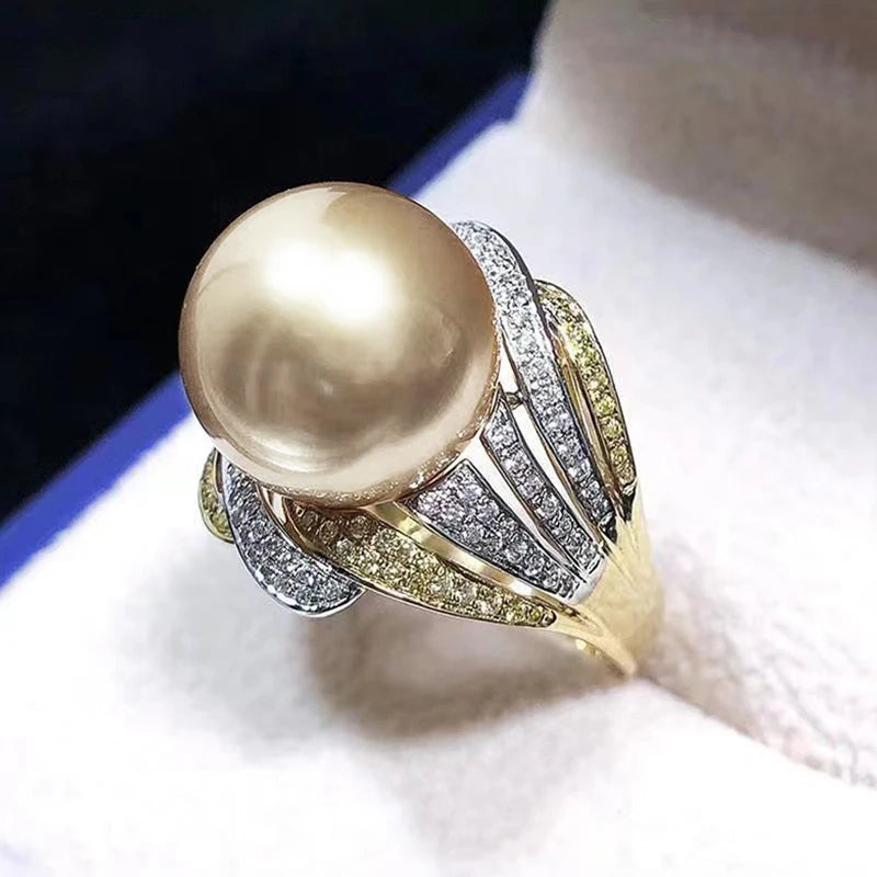 Huitan Luxury Champagne Simulated Pearl Ring Female Party Jewelry with Brilliant Zirconia Fashion Two-tone Style Accessories