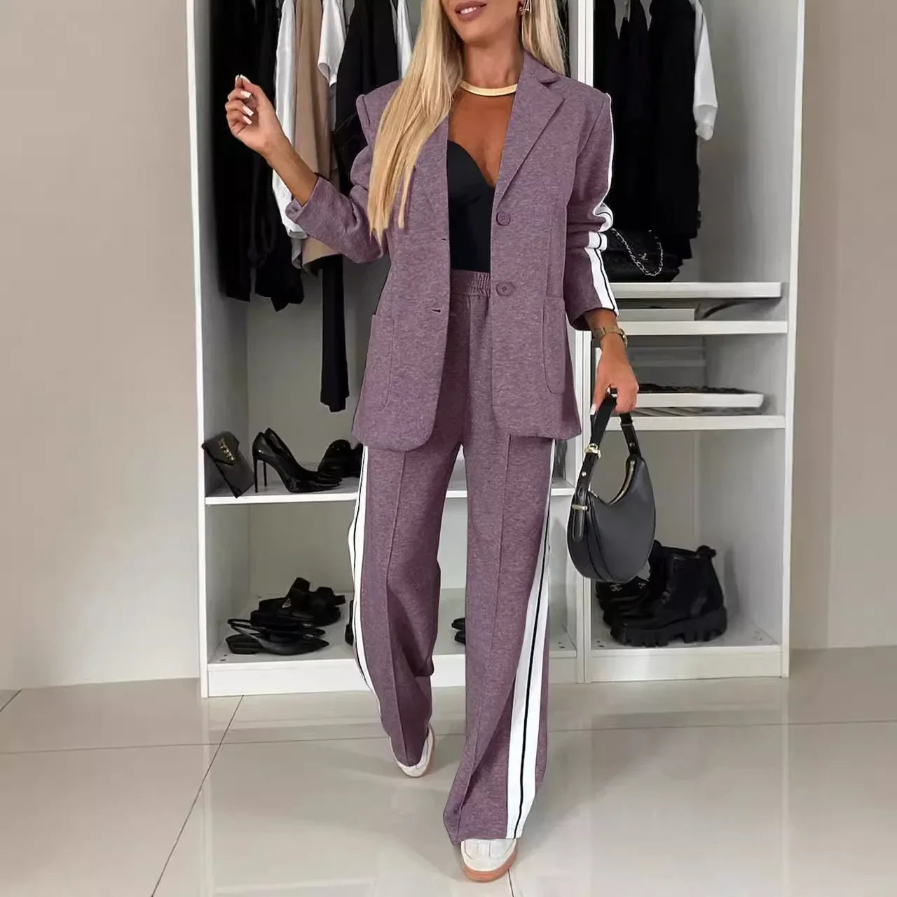 Women 2pcs Clothes Set Stripes Printed Long Sleeve Blazer Jacket & High Waist Long Pants Office Lady