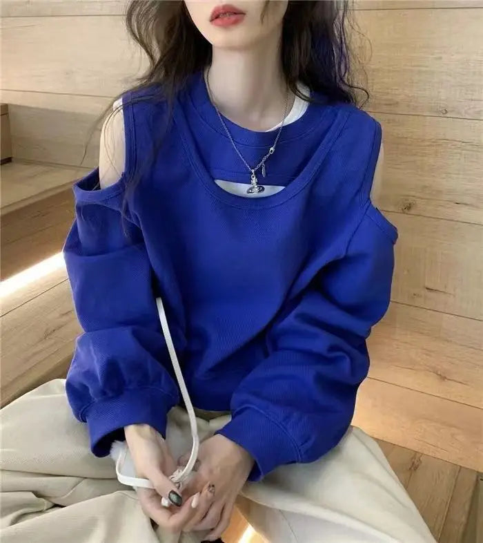 Spring Autumn Casual Fashion Hollow Out Sweatshirt Ladies Loose All-match Off the Shoulder Top Women Korean Style Solid Pullover