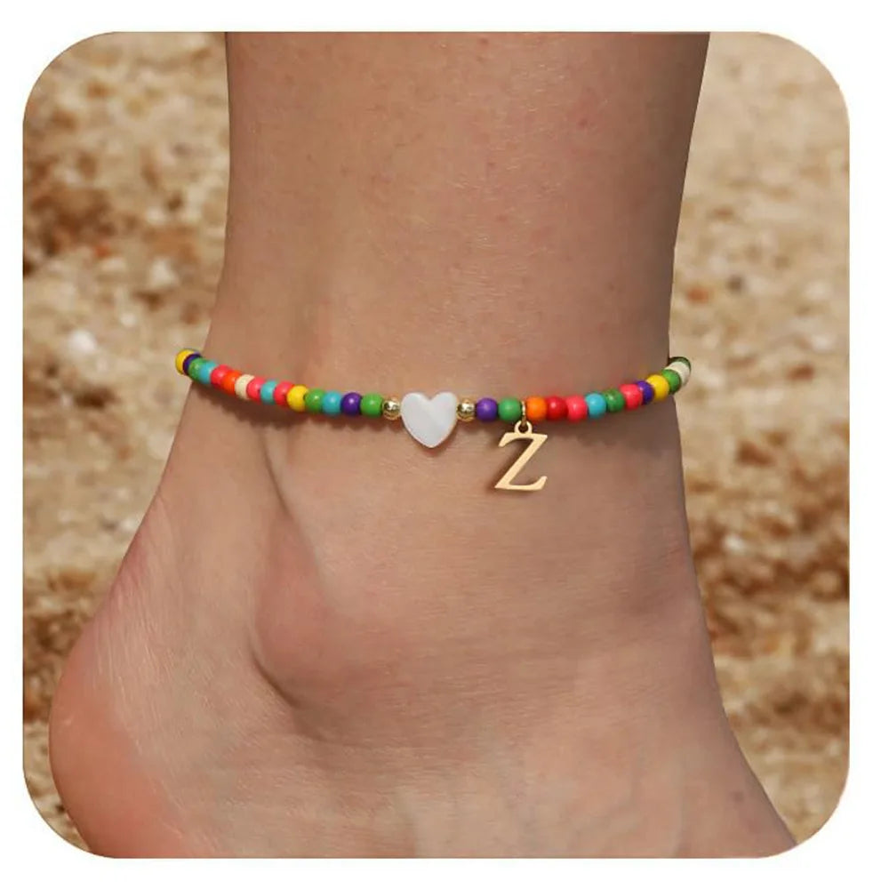 KIMLUD, Rainbow Round Beads Anklet Stainless Steel Love Heart 26 Letters A-Z Pendant Anklets For Women Boho Gold Color Ankle Bracelet, Z, KIMLUD APPAREL - Womens Clothes