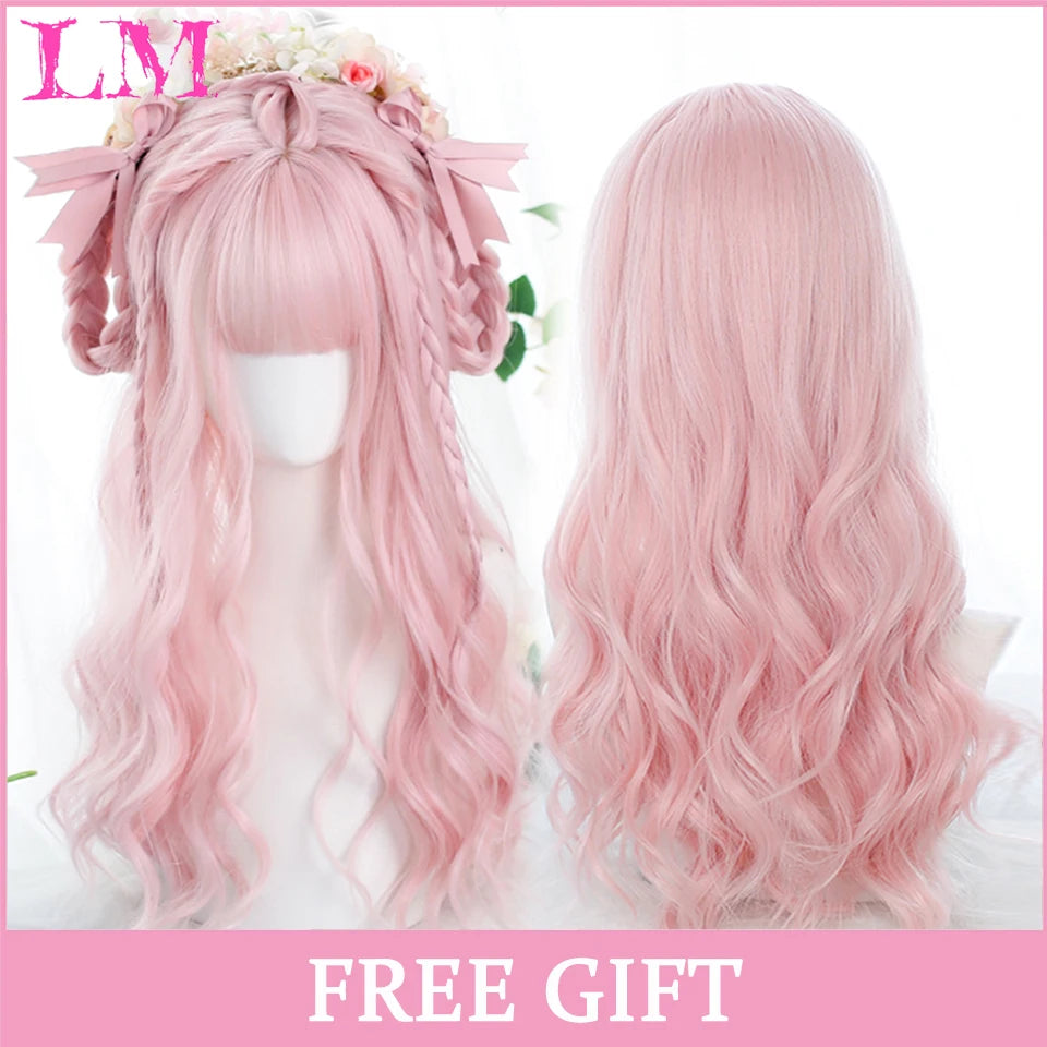 LM Long Natural Wavy Platinum Blonde Pink Wigs with Bangs Cosplay Party Lolita Synthetic Wigs for Women Heat Resistant Fiber