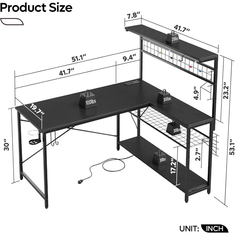 L Gaming Desk,Computer Desk with Power Outlets, LED Lights, Reversible Corner Desk 4-Tier Shelves,Cup Holder