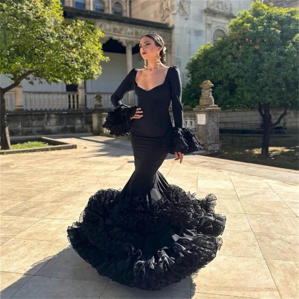 Flamenco Mermaid Prom Gowns 2023 Elegant Costume Spanish Women Evening Gowns With Sleeves Ruffle Dancer Party Ceremony Dresses