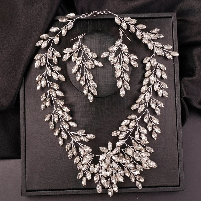 KIMLUD, Luxurious Bridal Wedding Handmade Full Rhinestones Necklace Earrings Jewelry Set Dangle Earrings Party Jewelry for Women, Silver, KIMLUD APPAREL - Womens Clothes