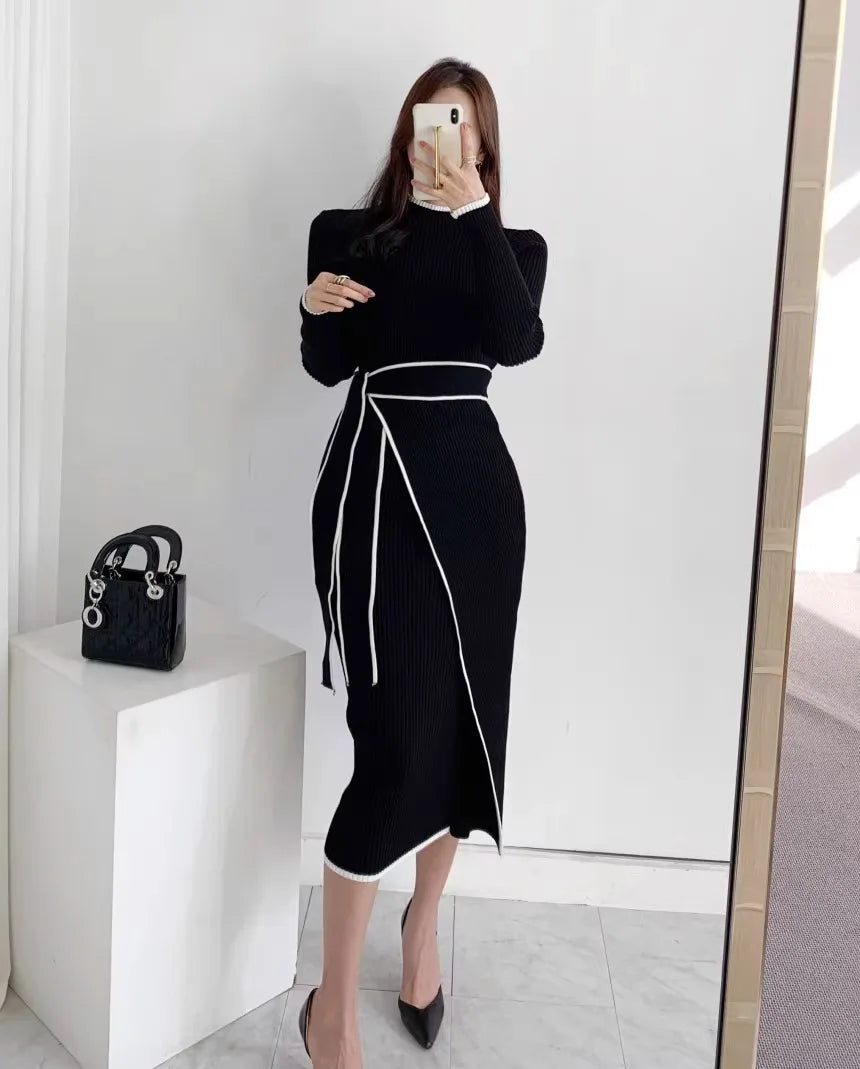 YuooMuoo Elegant Lace Up Turtleneck Knitted Long Dress Korean Fashion Khaki Black Rib Bandage Bodycon Sweater Dress Robe Femme - KIMLUD