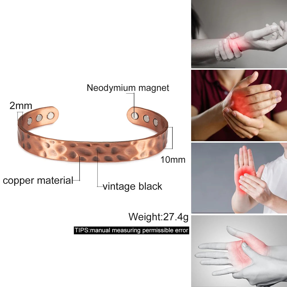 Pure Copper Magnetic Bracelet Arthritis Adjustable 10mm Vintage Magnetic Bracelet Health Energy Copper Cuff Bracelet &amp; Bangles