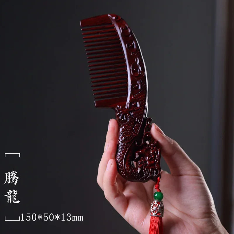 Natural Rhinoceros Horn Small Leaf Red Sandalwood Carved Wood Comb Retro Style Massage Comb Gifts with comb - KIMLUD