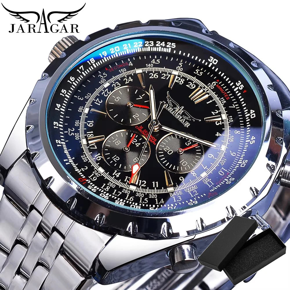 KIMLUD, Jaragar Blue Glass Design Black Silver Automatic Watch Stainless Steel Date Clock Luminous Men Business Mechanical Wristwatch, S1144-2, KIMLUD APPAREL - Womens Clothes