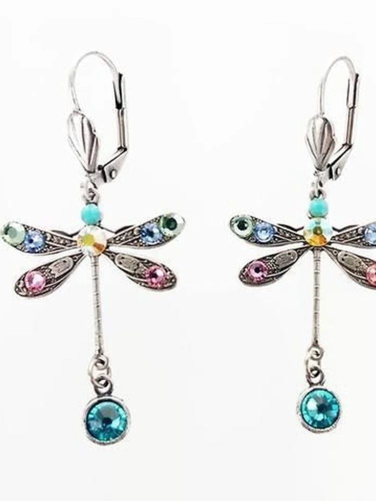 KIMLUD, Elegant Personalized Carved Dragonfly Earrings Seven colored gems Hook Drop Earrings Wedding Engagement Earrings for women, KIMLUD Womens Clothes