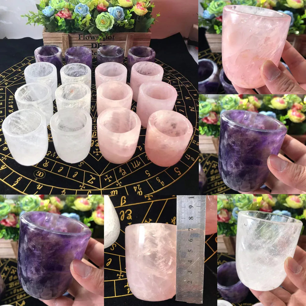 Natural Crystal Amethyst Rose Quartz White Crystal Cup Hand Curved Geode Crystal Tea Coffe Milk Mug Collection Craft Home Decor - KIMLUD