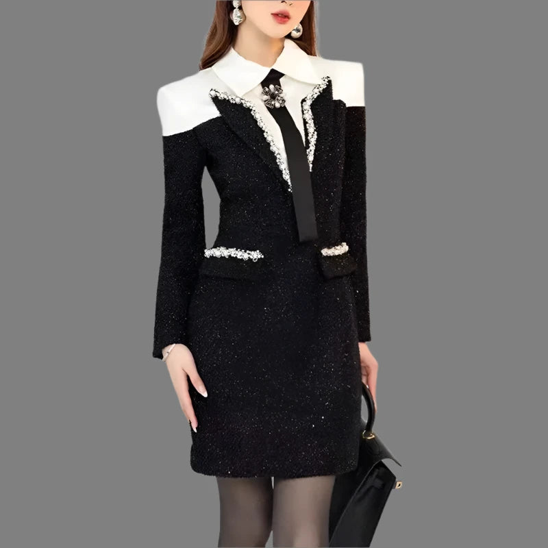 VGH Hit Color Patchwork Diamonds Temperament Dress For Women Lapel Long Sleeve Spliced Lace Up Elegant Dresses Female Fashion