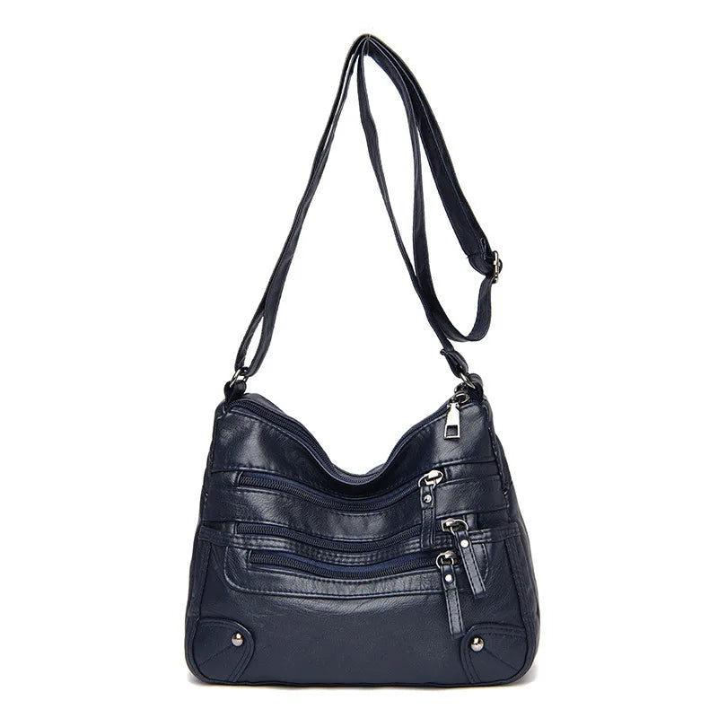 Women's Multi Zipper Shoulder Bag, Versatile Solid Color Faux Leather Crossbody Bag - KIMLUD