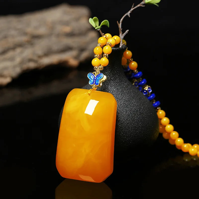 Drainage Gift Beeswax Pendant Women's Water Drop with Shape Sweater Chain Blue Carving Amber Necklace Pendant