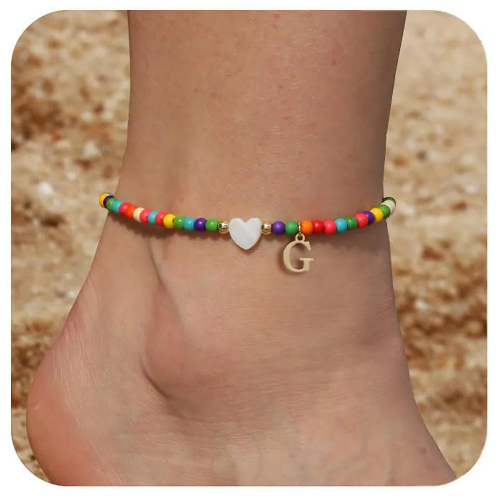 KIMLUD, Rainbow Round Beads Anklet Stainless Steel Love Heart 26 Letters A-Z Pendant Anklets For Women Boho Gold Color Ankle Bracelet, G, KIMLUD APPAREL - Womens Clothes