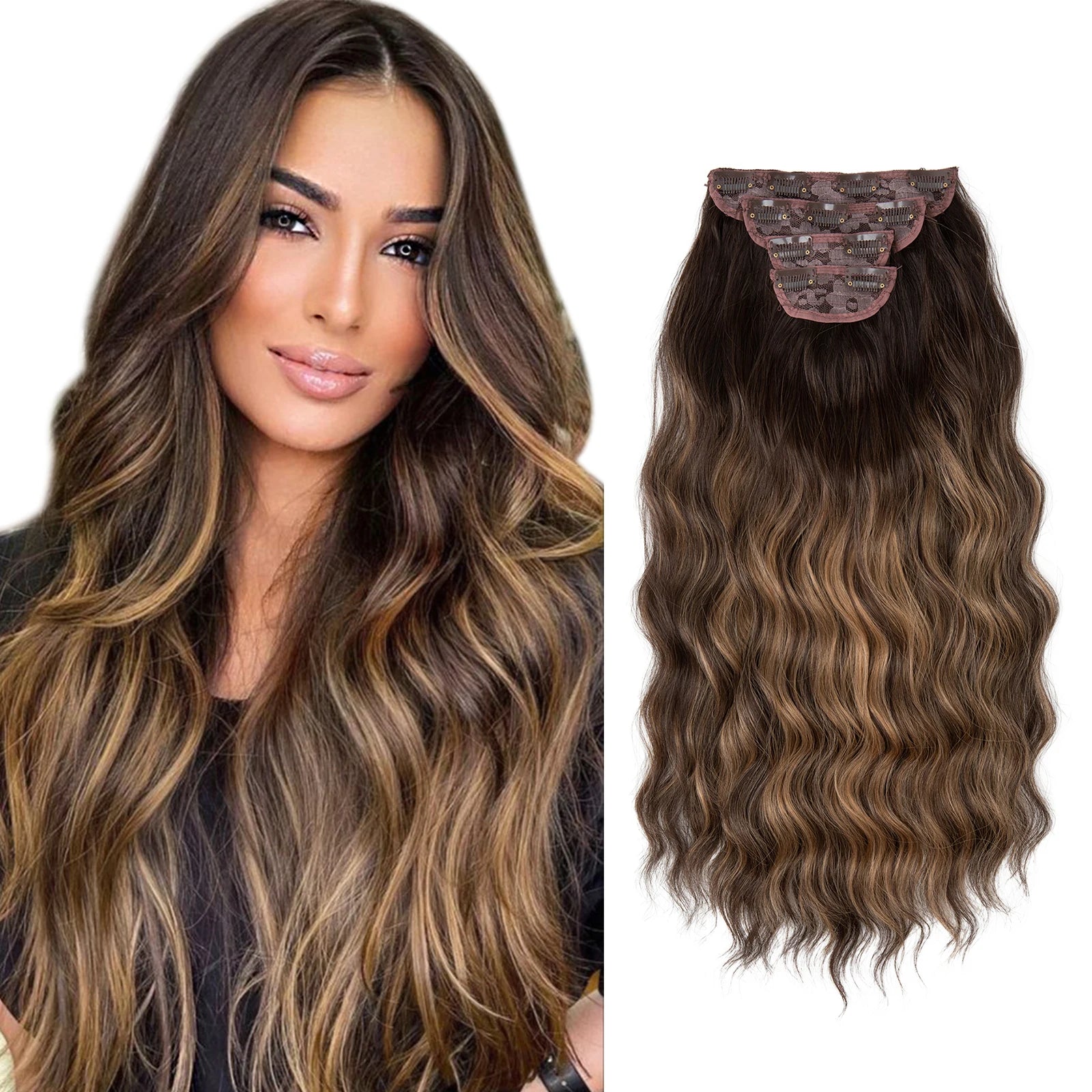 22" 4pcs/set Synthetic Clip In Hair Extensions Elegant Long Wavy Thick Hairpiece Daily Use Brown Blonde Natural Fake Hair - KIMLUD