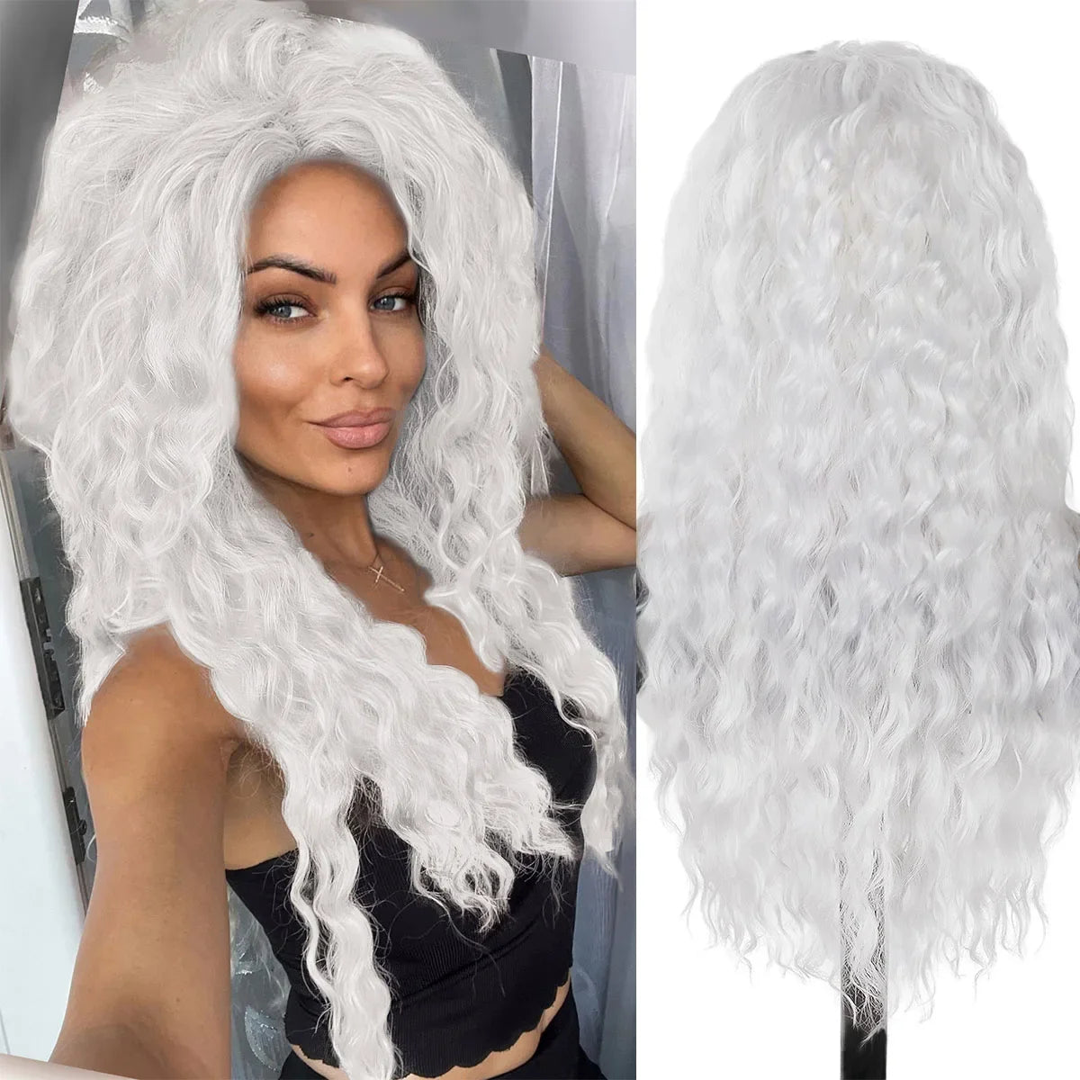 KIMLUD, Ash Blonde Curly Wig Synthetic Long Curly Hair Wigs for Women Fluffy Hairstyle Wave Ombre Wig Costume Carnival Party Regular Wig, White / 26inches, KIMLUD APPAREL - Womens Clothes