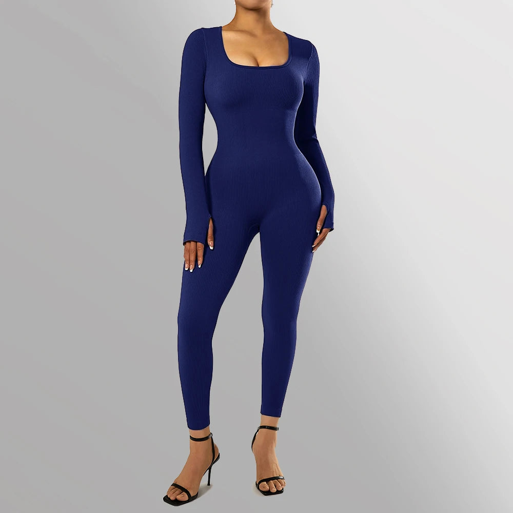 Long Sleeve Jumpsuit Women Bodycon One-piece Outfit Jumpsuit Square Neck Casual Streetwear Rompers Overalls playsuits Bodysuit