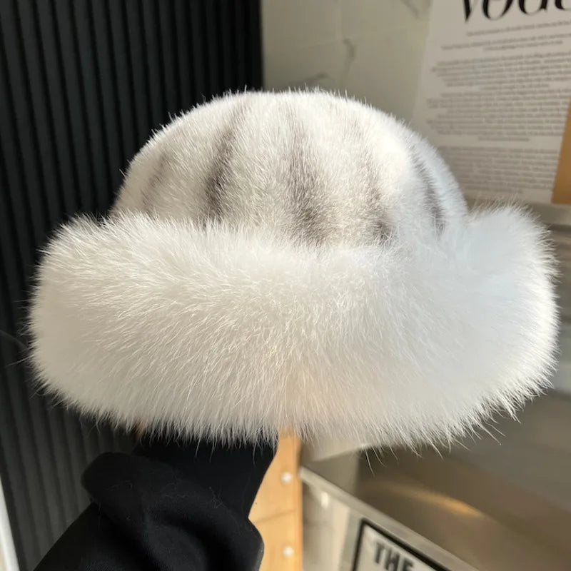 Real Mink Fur Hat For Women Winter Natural Mink Fur Hat With Fox Fur Brim Female Fashion Fisherman Hat Thicked Fur Bomber Hats