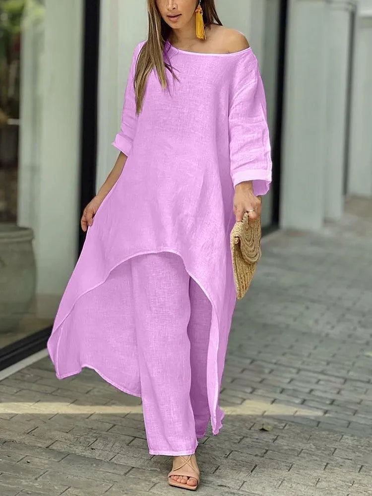 2 Piece Sets Women Solid Color Irregular Long Sleeved Tops Wide Leg Pants Two-piece Set Female Elegant Office Lady Outfit 2025