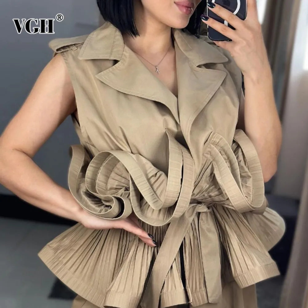 VGH Casual Patchwork Folds Solid Shirts For Women Lapel Sleeveless Tunic Spliced Belt Minimalist Loose Blouses Female Fashion