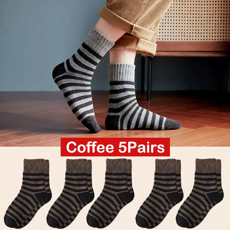 KIMLUD, 5pair Winter Thick Socks Men Super Thicker Solid Sock Striped Merino Wool Rabbit Socks Against Cold Snow Russia Winter Warm Sock, style 02 coffee, KIMLUD APPAREL - Womens Clothes