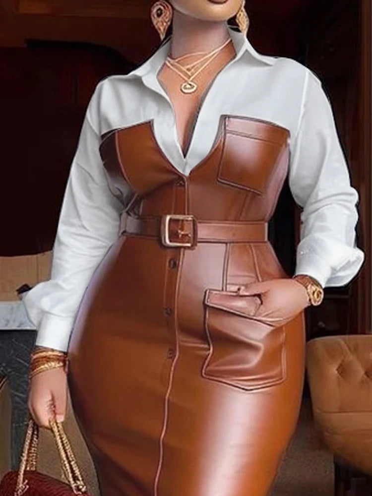 Womens Shirt Collar Dresses New Autumn Buttons Long Sleeve PU Leather Patchwork Pocket Skinny Belted Lapel Female Midi Dress