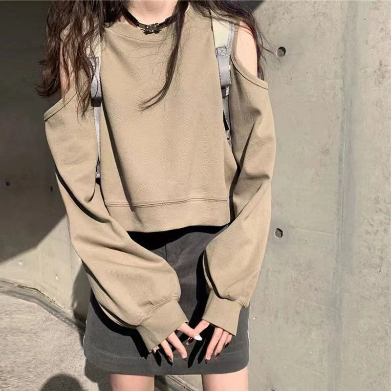 Spring Autumn Casual Fashion Hollow Out Sweatshirt Ladies Loose All-match Off the Shoulder Top Women Korean Style Solid Pullover