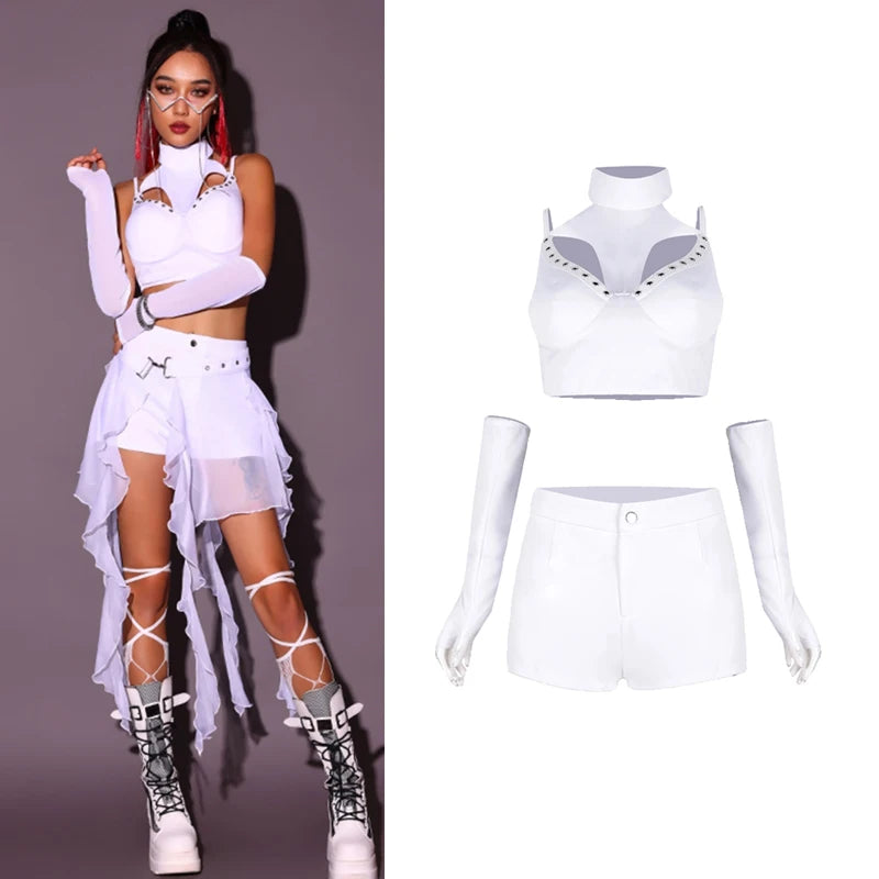 KIMLUD, 2024 New Jazz Dance Costumes For Women White Loose Kpop Outfits Girls Group Gogo Dancers Dress Nightclub Bar Stage Wear DN17932, KIMLUD Womens Clothes