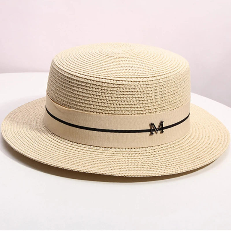 KIMLUD, Hat For Women Panama Hat Summer Beach Hat Female Casual Lady Girls Flat Brim Straw Cap Girls Sun Hat Chapeu Feminino, beige / 56-58cm, KIMLUD APPAREL - Womens Clothes